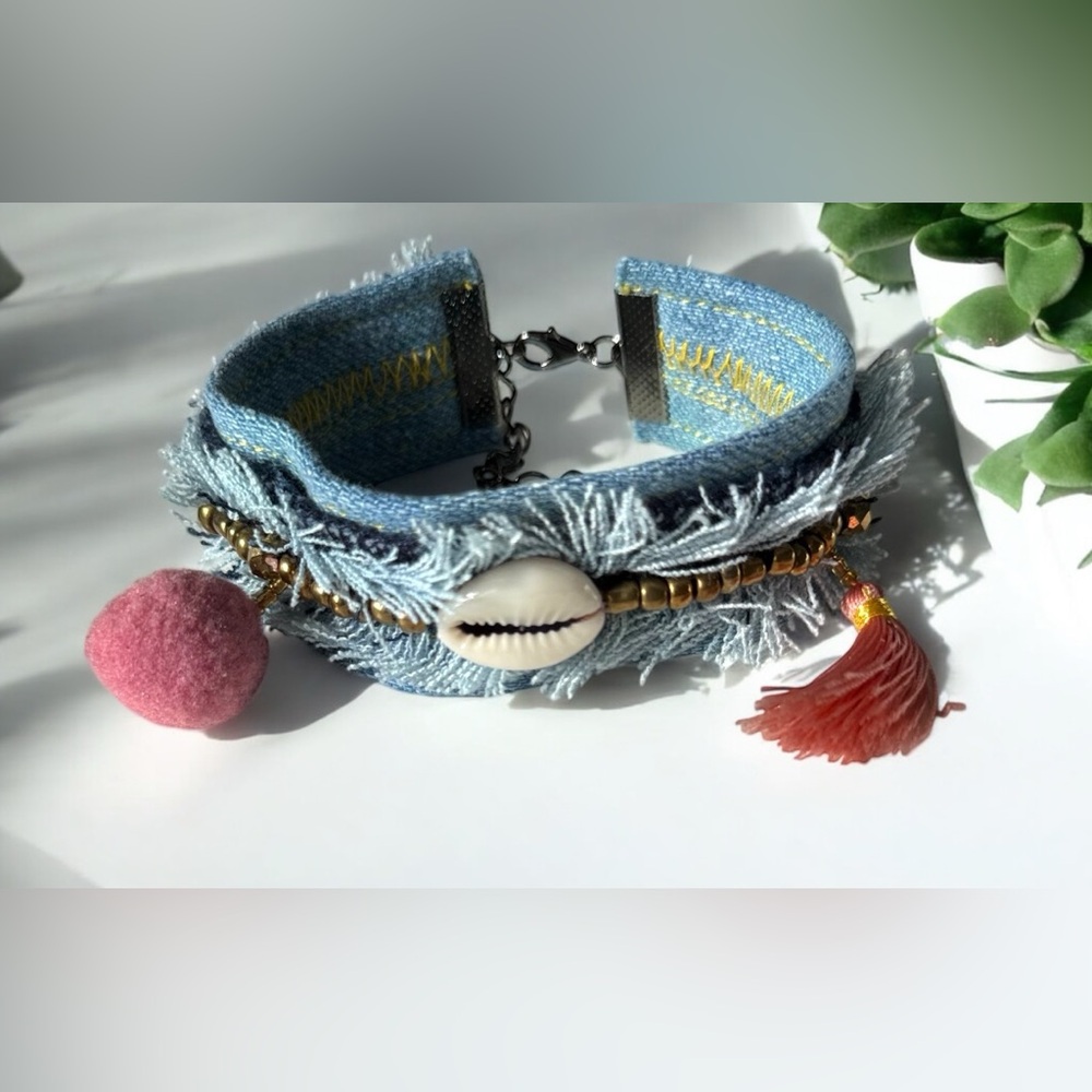 Boho Denim Cuff Bracelet with Cowrie Shell, Tassel & Pom Pom – Handmade